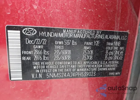 2023 Hyundai Santa Fe Sel from USA, damaged, VIN 5NMS24AJ4PH539023
